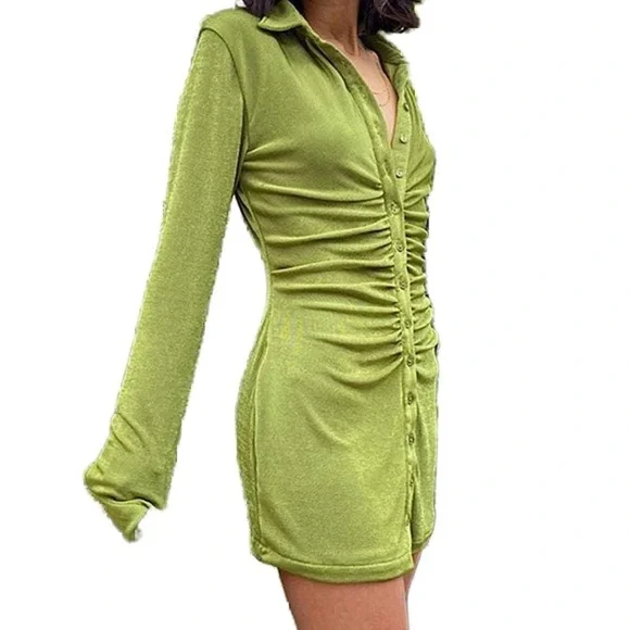 Dresses | Green Velvet Ruched Dress | Poshmark